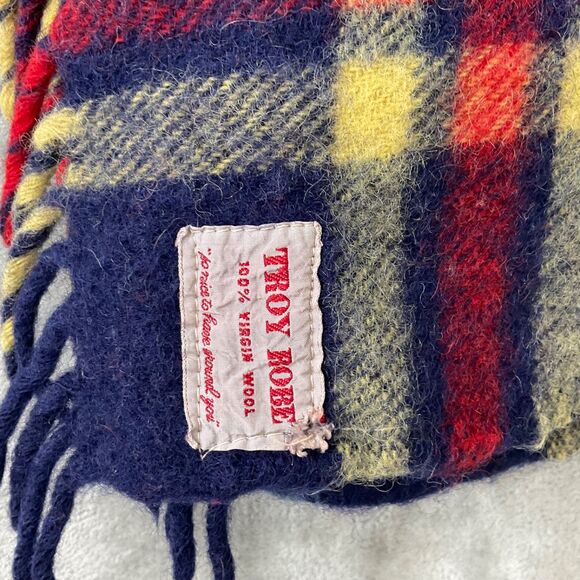 Vintage Troy Robe Wool Plaid Stadium Blanket Lap Cabin Throw 65x 32.5”  Blue - Picture 7 of 7